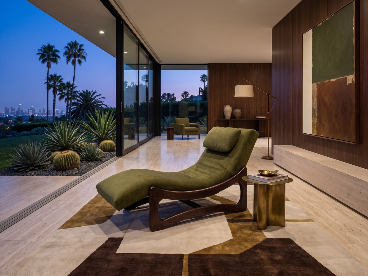 green chaise lounge in open living room with palm trees and Ls Angeles cityscape background